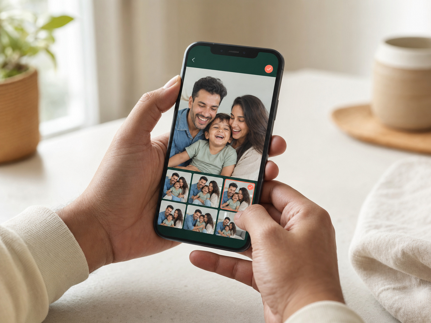 Hands choosing a family photograph on a phone