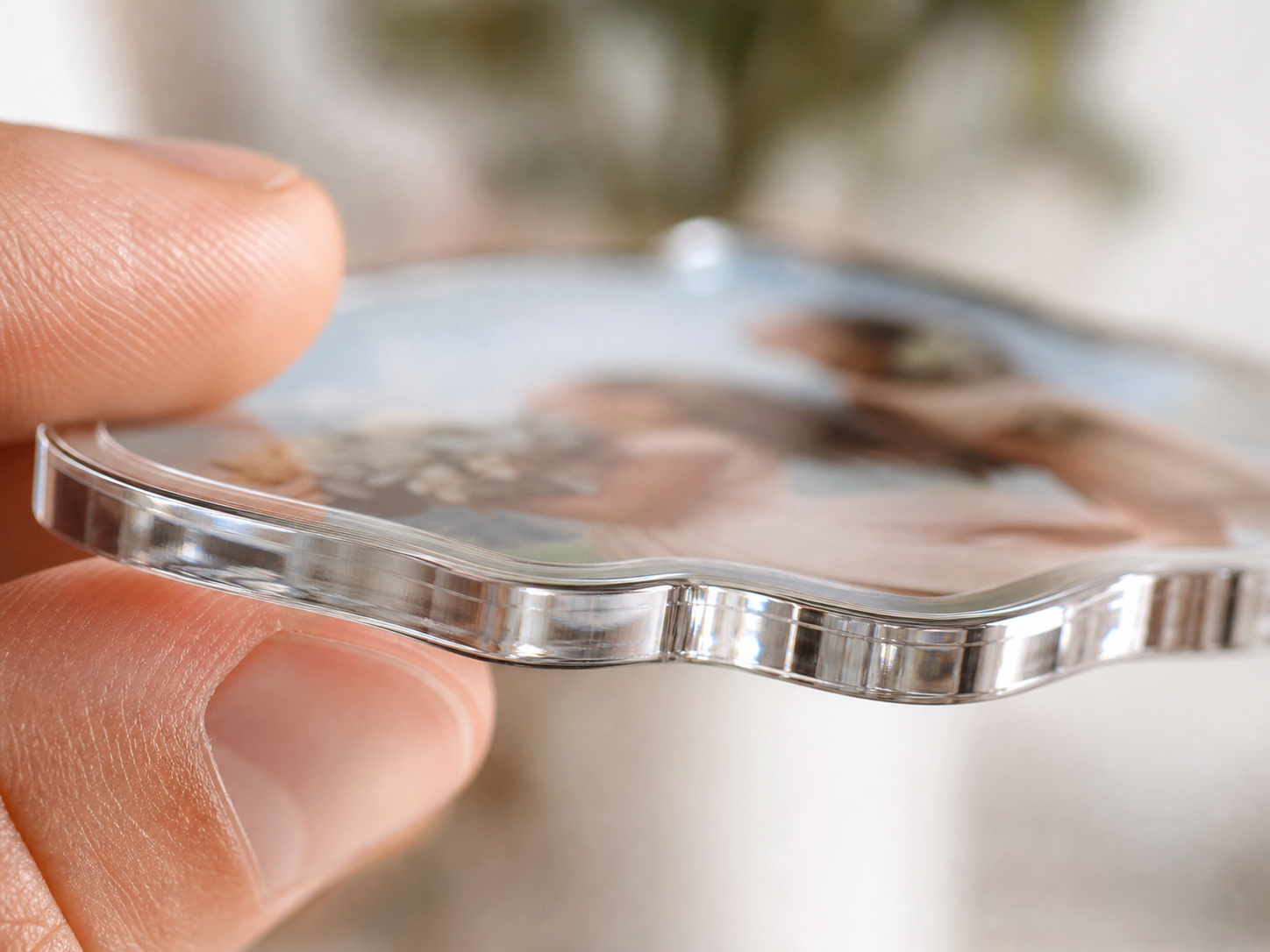 Close detail of a polished custom acrylic magnet edge
