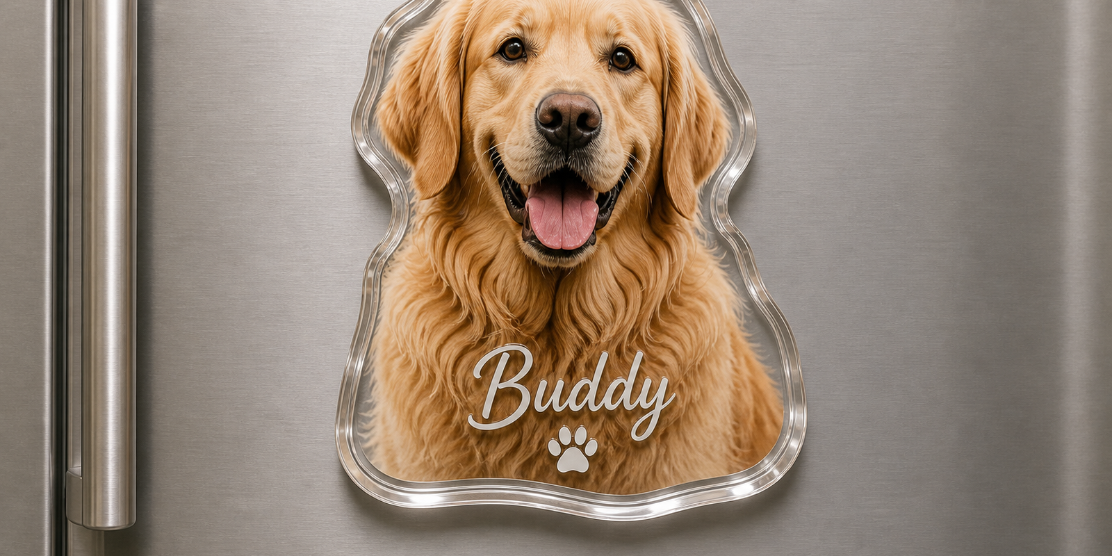 Oversized custom acrylic golden retriever fridge magnet on a stainless refrigerator